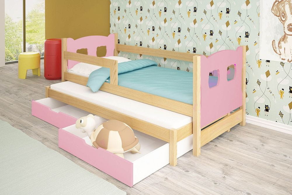 Veneti Detská posteľ s prístelkou KALA 1 - 75x180, borovica / ružová